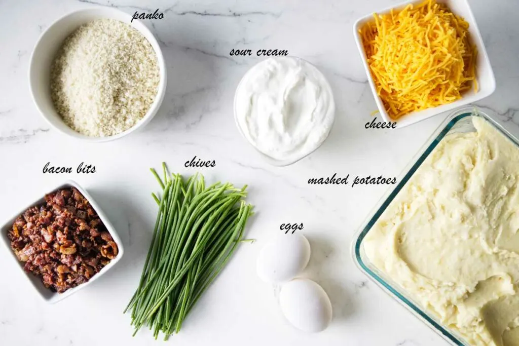 Ingredients used to make croquettes with leftover mashed potatoes.
