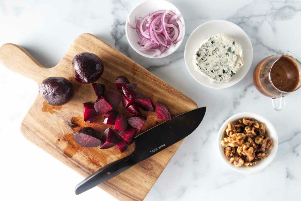 Ingredients needed for a beet and blue cheese salad.