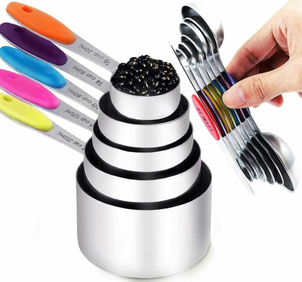 A set of measuring cups and measuring spoons on Amazon.