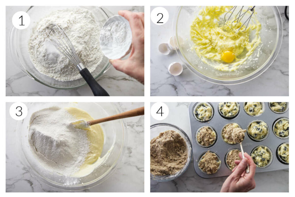 Four photos showing how to make muffins using a base recipe.