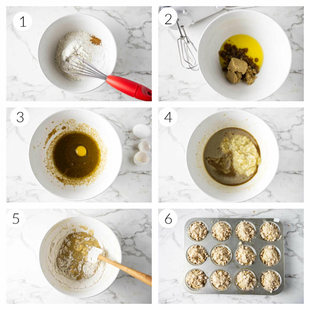 Six process photos showing how to make banana blueberry muffins.