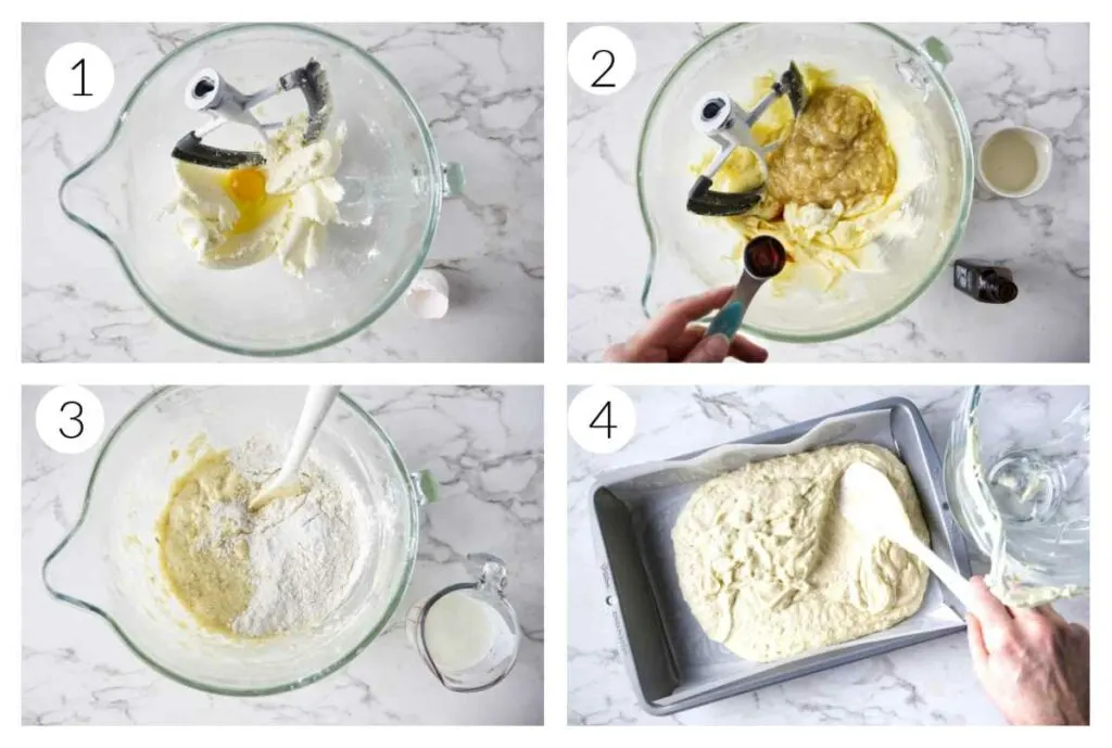 Four process photos showing how to make banana lemon cake.