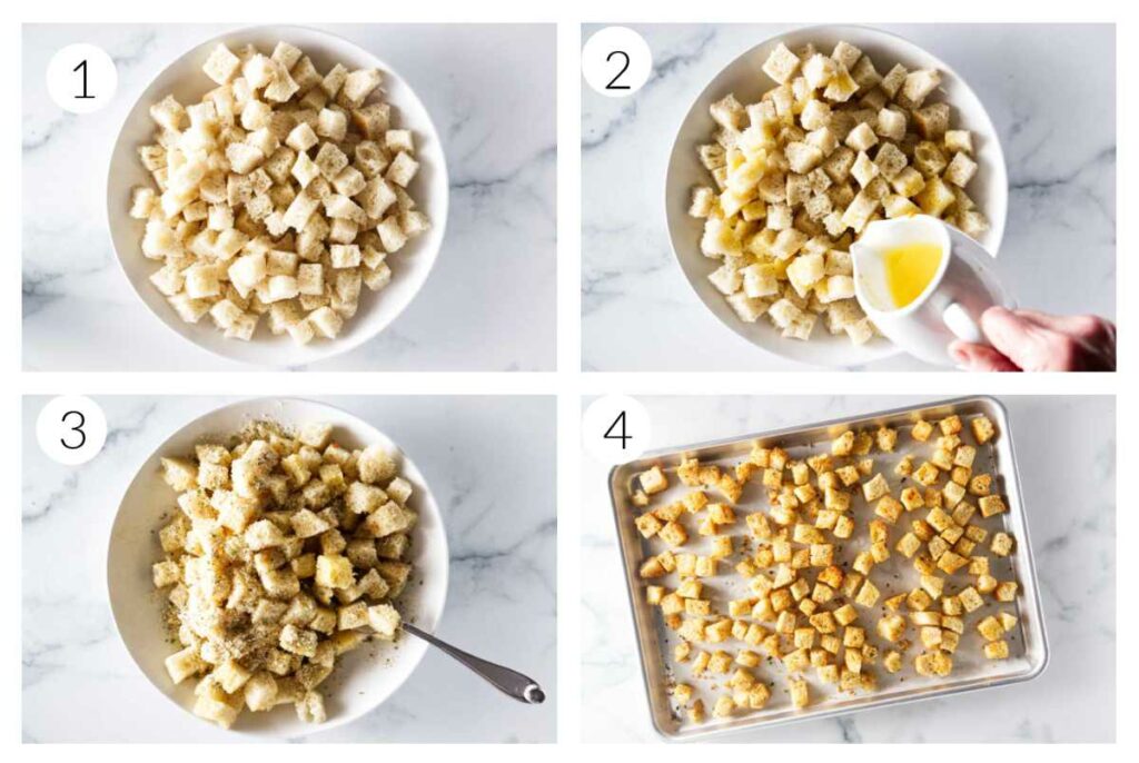 Four process photos showing how to make salad croutons.