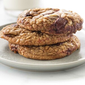 A stack of King Arthurs super soft chocolate chip cookies made with tangzhong.