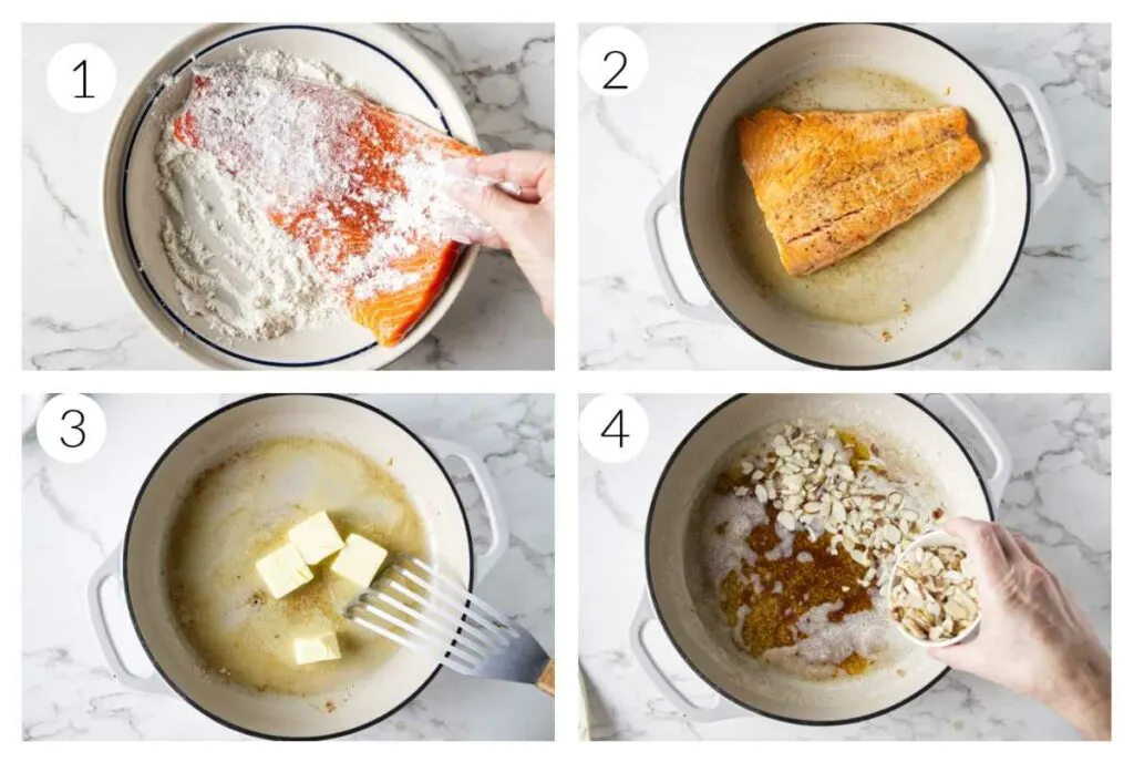 Four process photos showing how to make trout amandine.