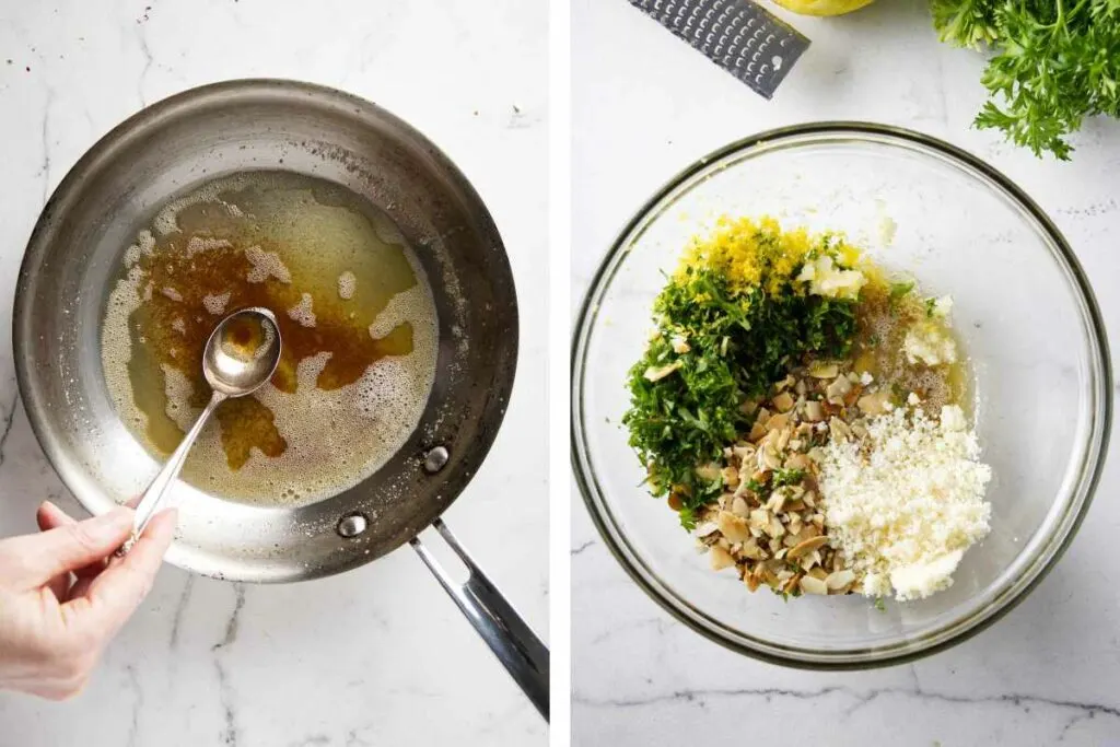 A collage showing browned butter in a saucepan and making an almond gremolata.