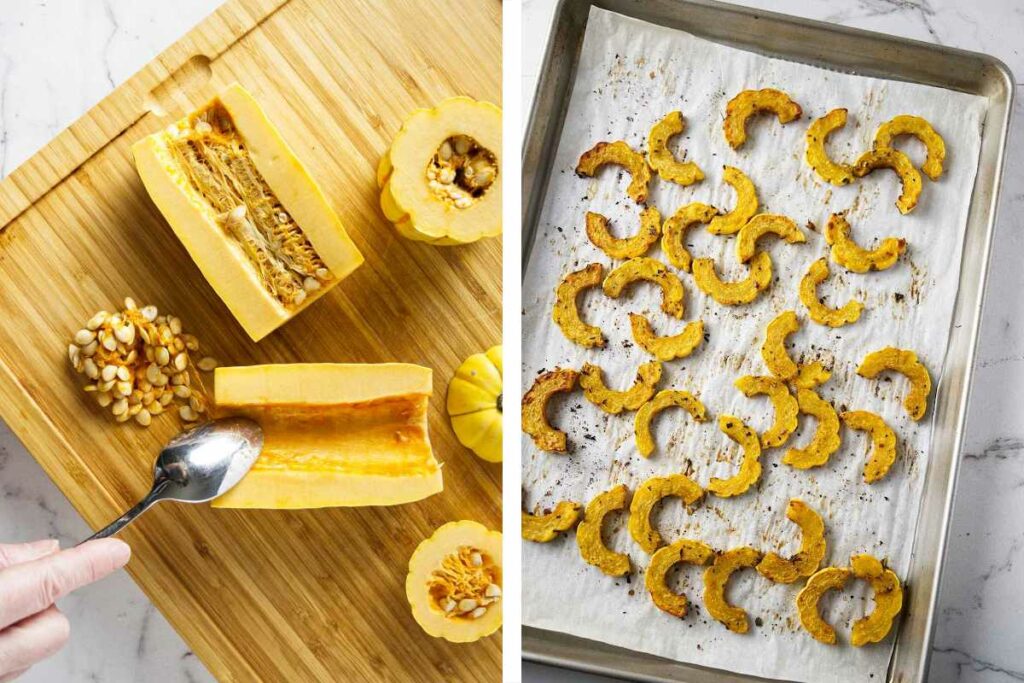 A collage showing how to bake delicata squash.
