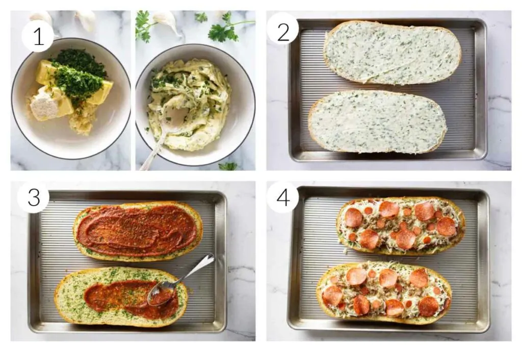 Four process photos showing how to make garlic pizza bread.