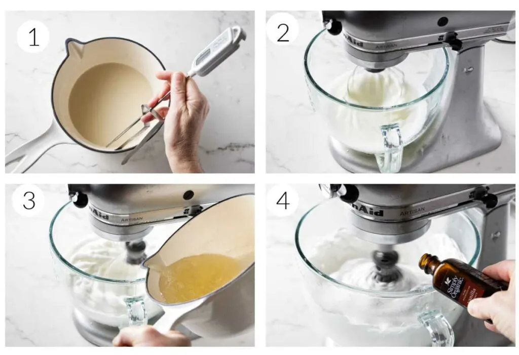 A collage of four process photos showing how to make Italian meringue.