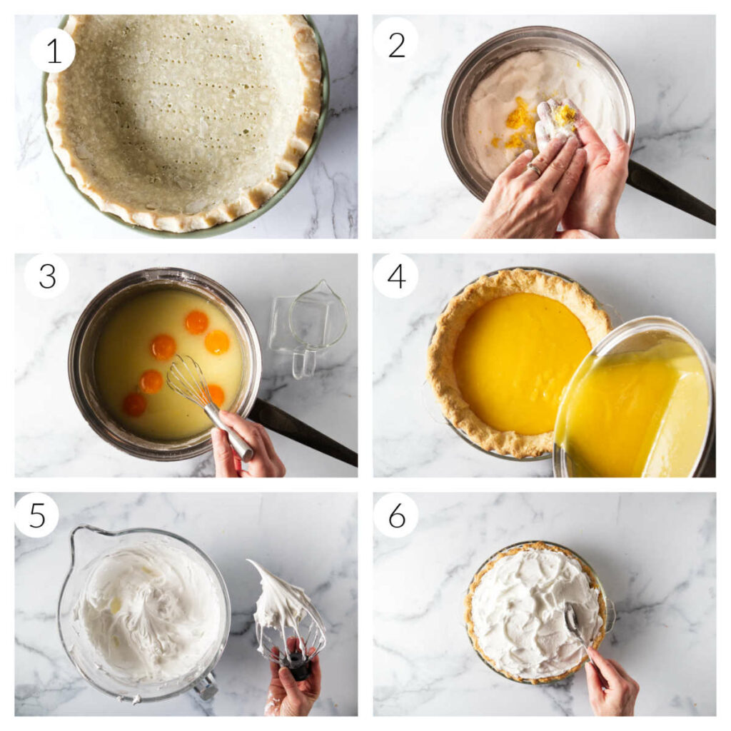 A collage with six process photos showing how to make lemon pie with a tall meringue.