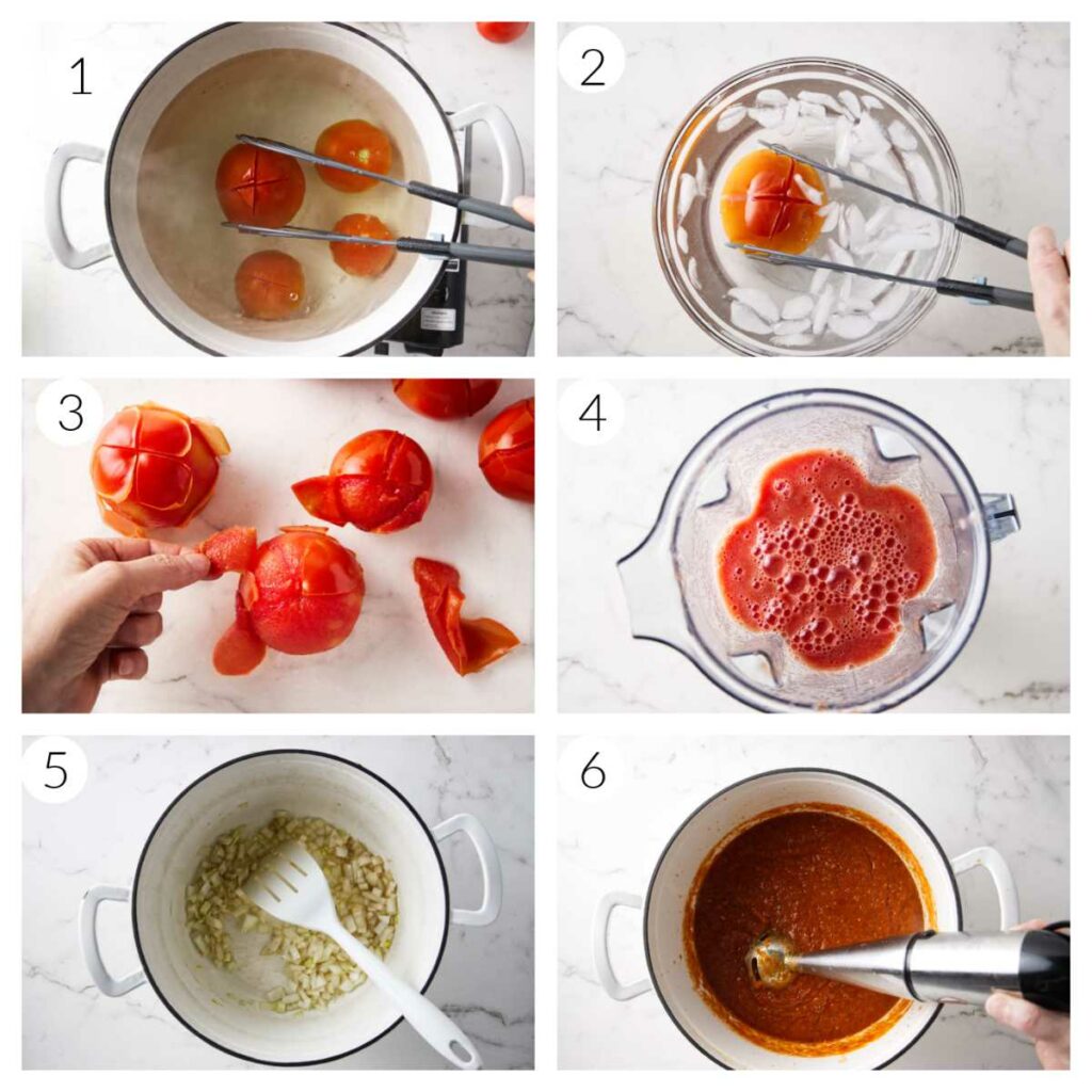A collage of six photos showing how to make pizza sauce from fresh tomatoes.