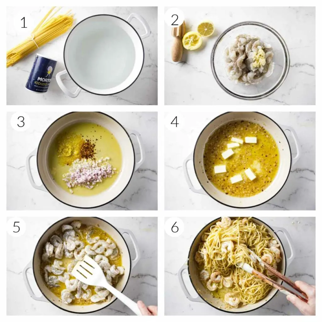 Six process photos showing how to make lemon garlic shrimp pasta.