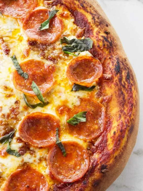 A pizza made with a homemade pizza dough recipe.
