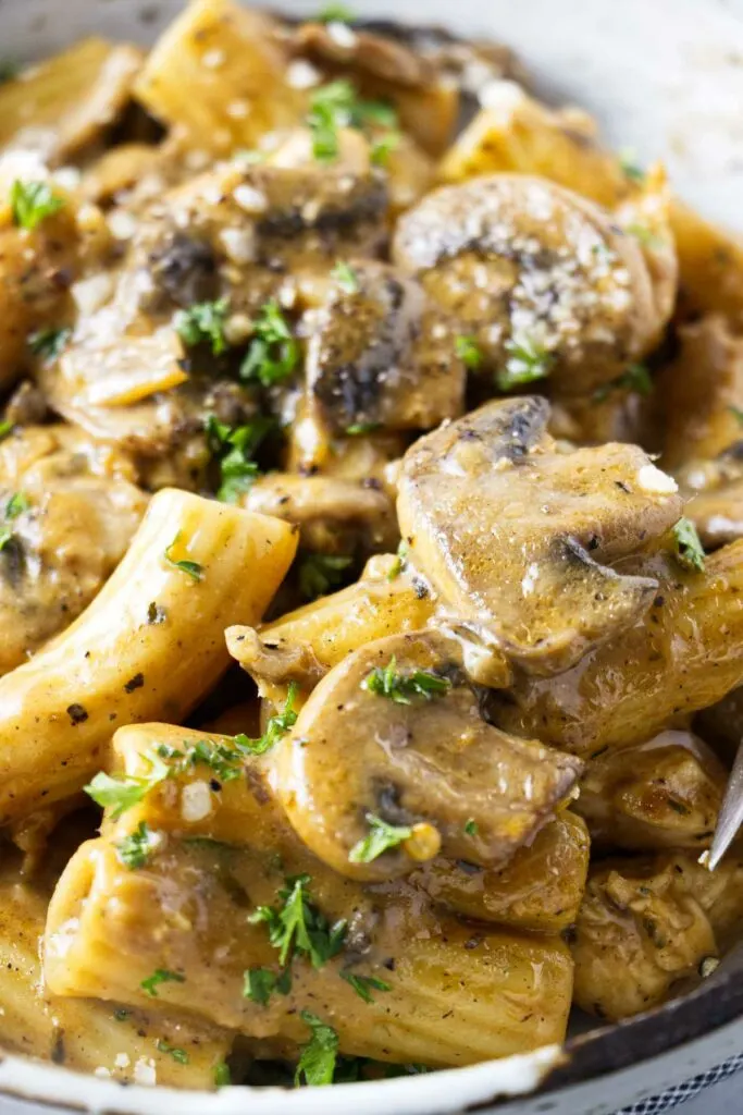 A bowl of pasta with marsala sauce.