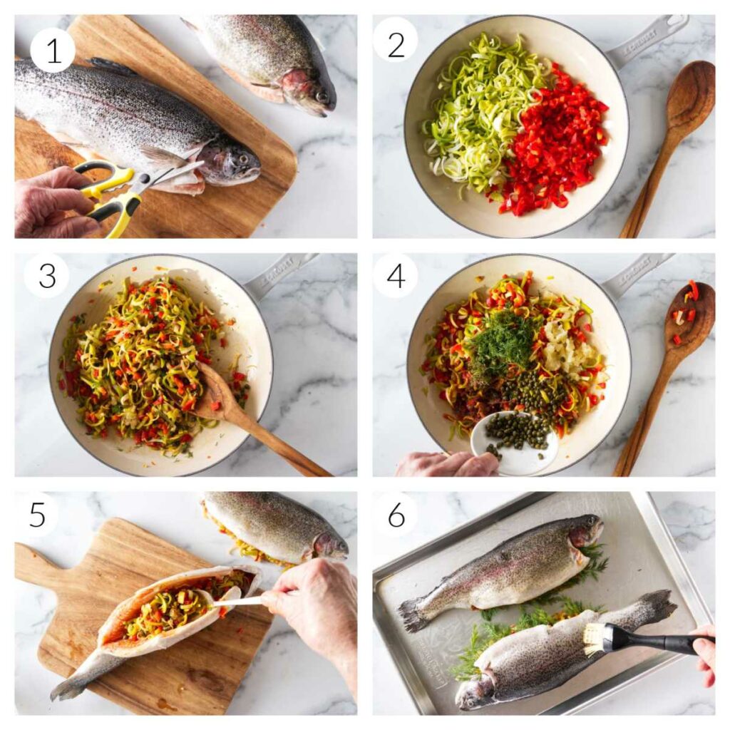 #1, scissors removing the fins from a trout. #2, Stuffing mixture in a skillet. #3 Sauteed stuffing mixture. #4 Adding herbs, lemon, seasoning and capers to the sauteed vegetables. #5 Spooning the stuffing into a trout. #6, Brushing oil on the stuffed fish.