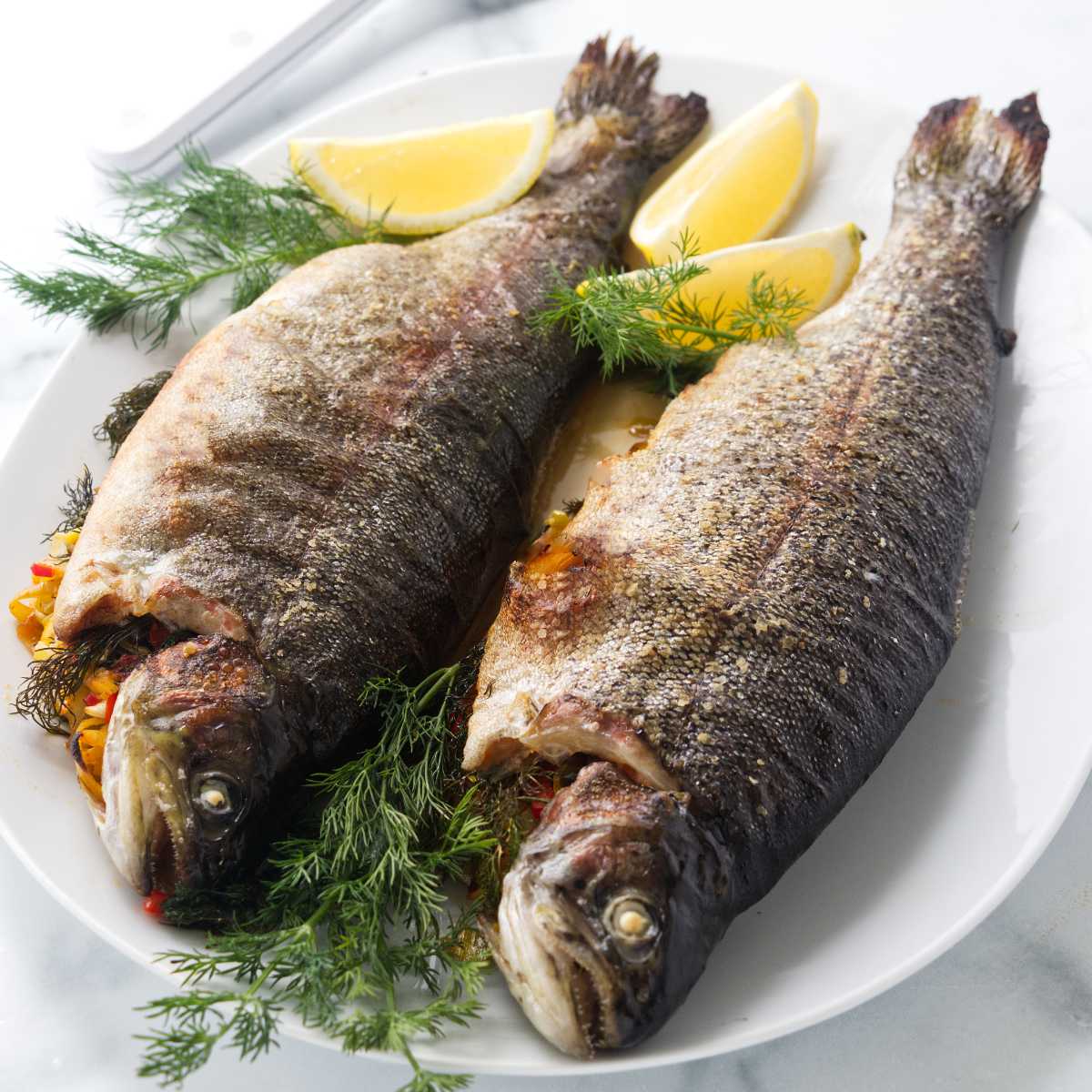Two stuffed trout on a serving platter with lemon wedges and fresh dill.