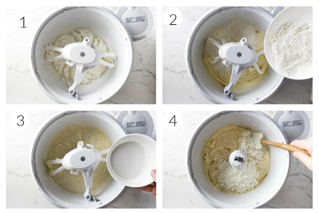 A collage of four phots showing how to make a coconut bundt cake.