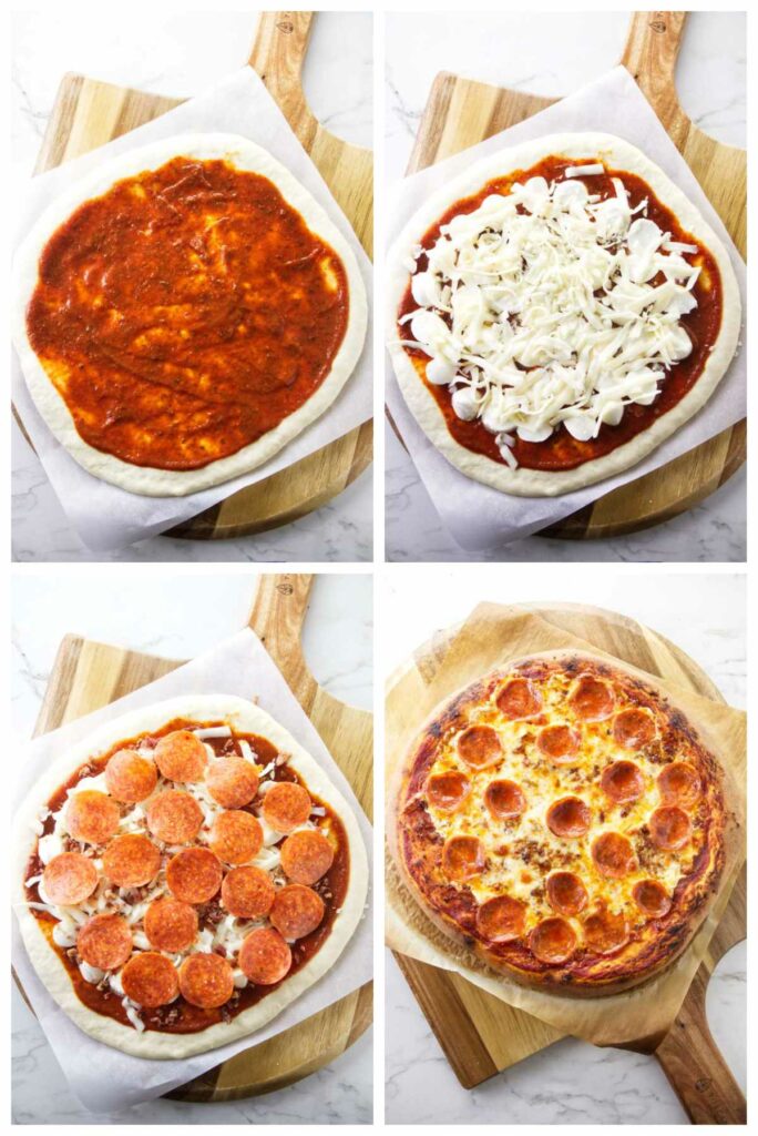 A collage of four photos showing how to layer a pizza.