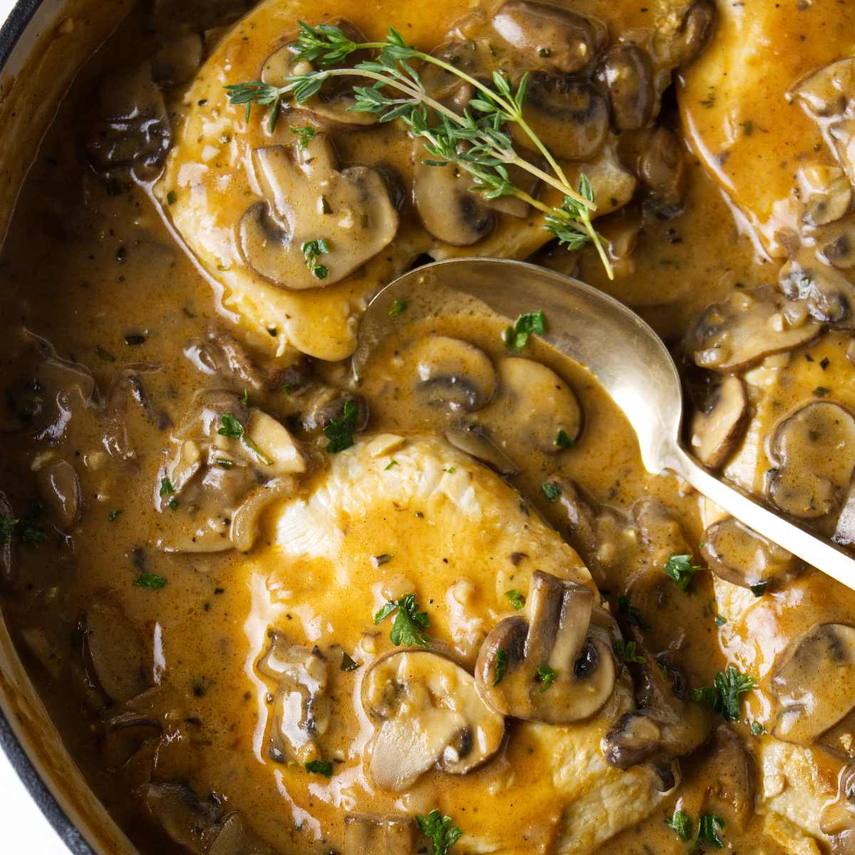 A spoon in a skillet of chicken marsala.