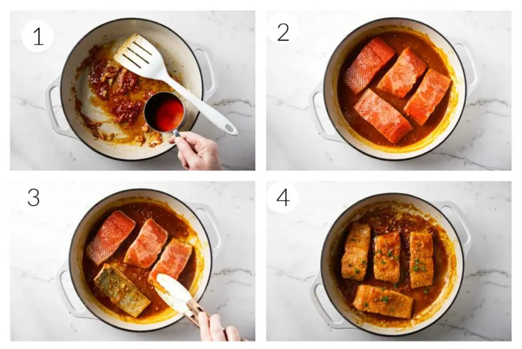 A collage of four photos showing how to make salmon with a marsala glaze.