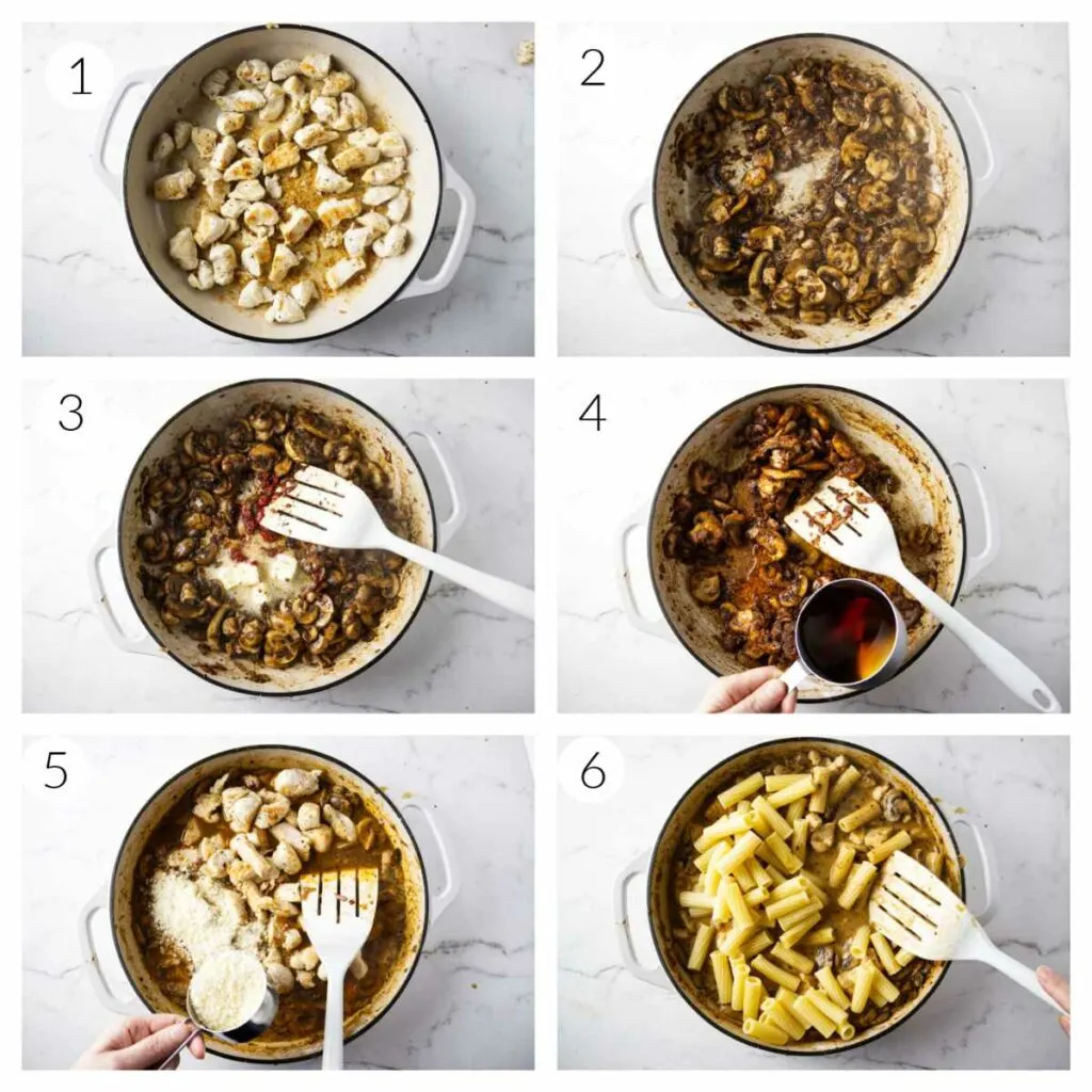 A collage of six photos showing how to make marsala sauce pasta.