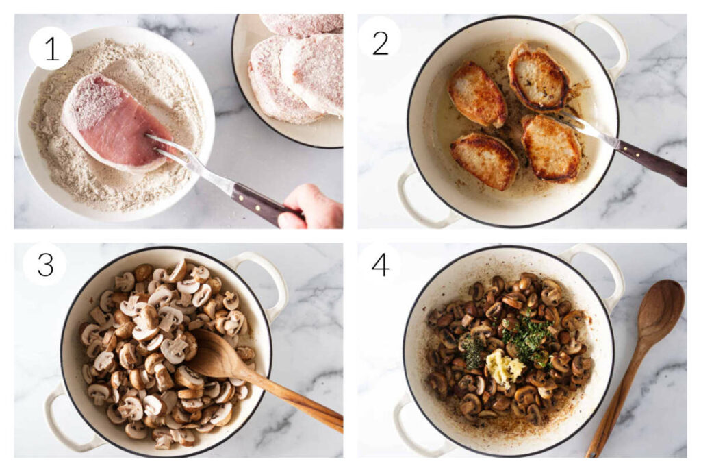 A collage of four photos showing how to sear pork chops and saute the mushrooms.