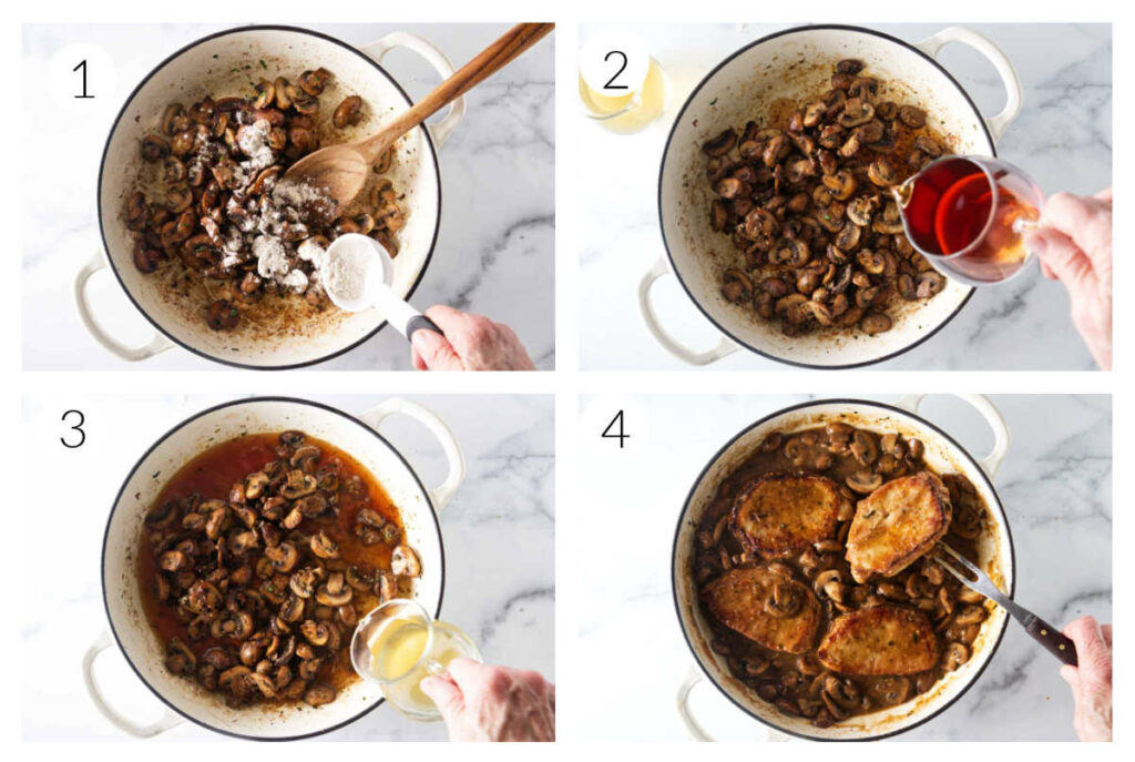 A collage of four photos showing how to finish making pork chops marsala.