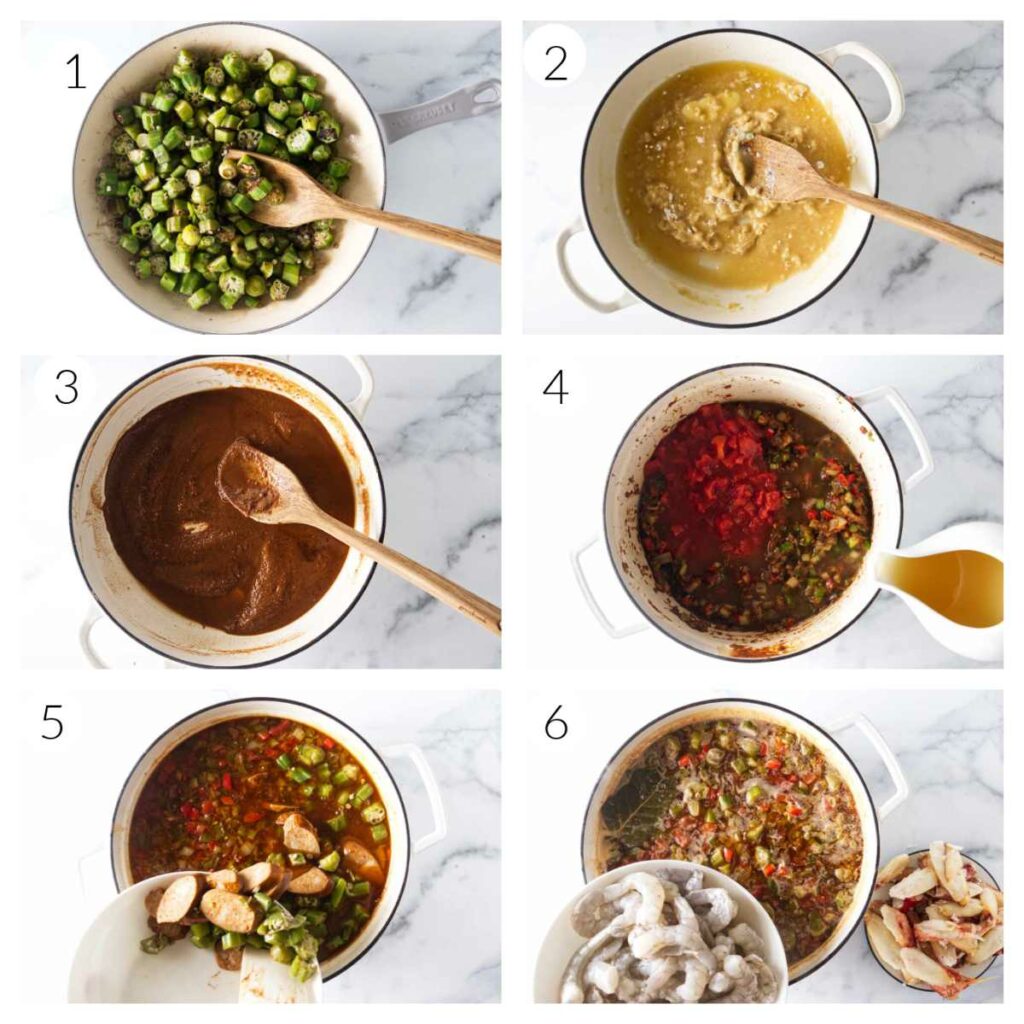 A collage of six photos showing how to make a seafood gumbo recipe.