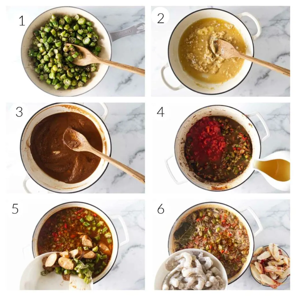 A collage of six photos showing how to make a seafood gumbo recipe.