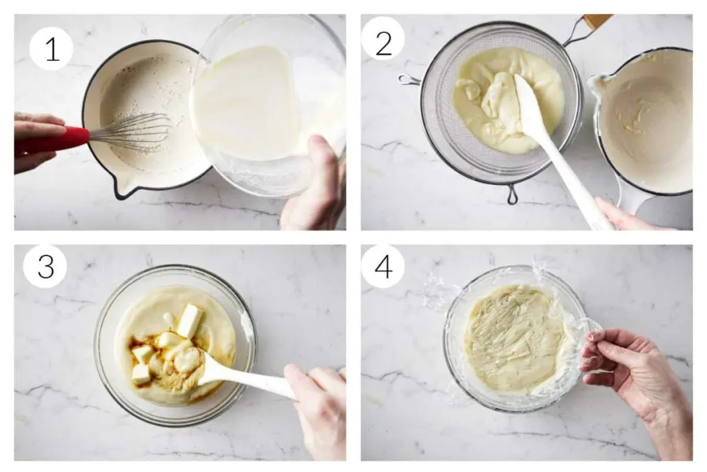 A collage of four photos showing how to make vanilla pastry cream.