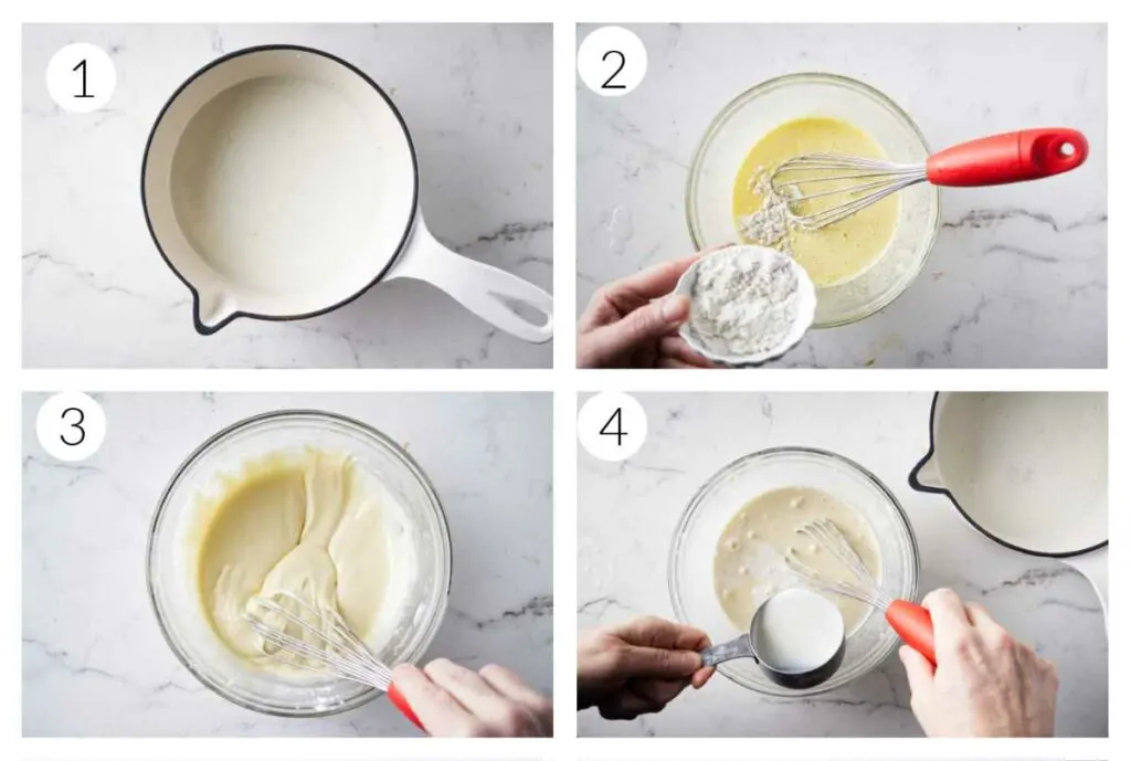 A collage of four photos showing how to make Crème Pâtissière.