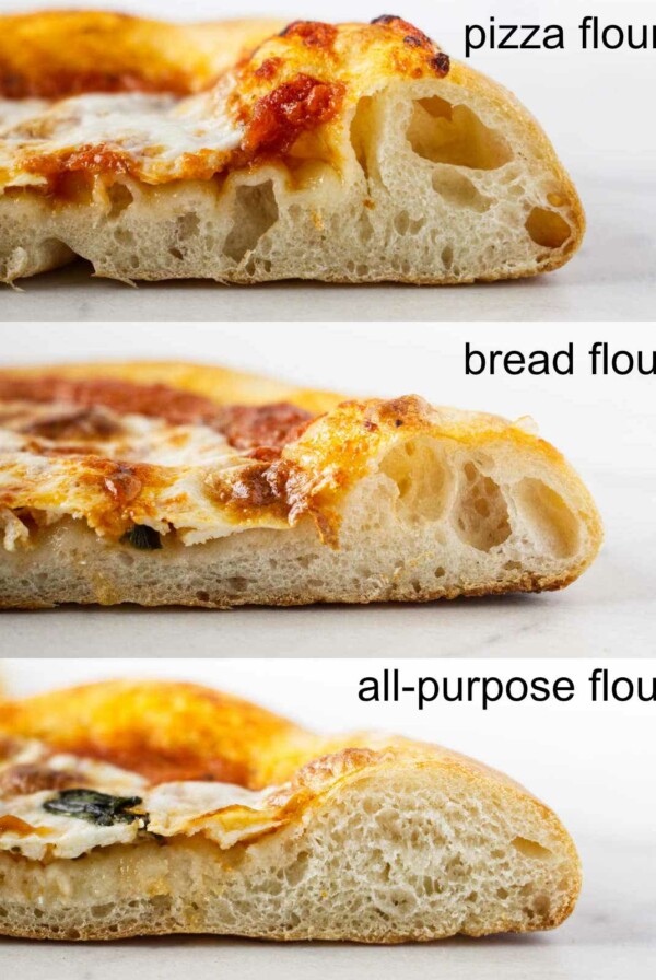 Three slices of pizza showing the difference in the crust when using pizza flour, bread flour, and all-purpose flour.