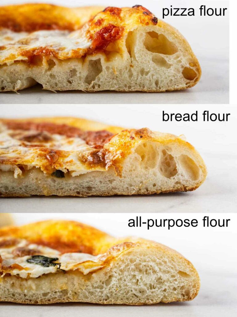 Three slices of pizza showing the difference in the crust when using pizza flour, bread flour, and all-purpose flour.