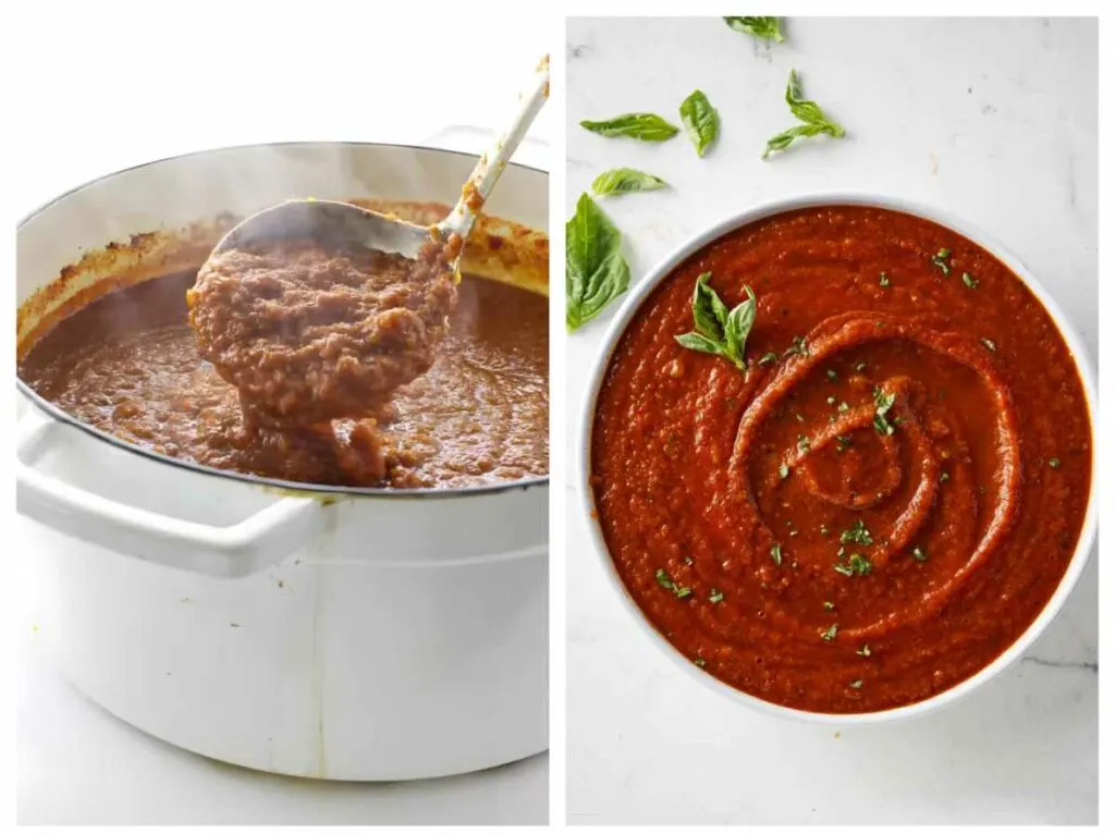A collage with two photos showing marinara sauce and pizza sauce.