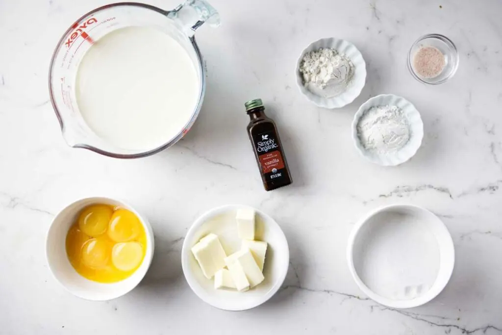 Ingredients used to make vanilla pastry cream.