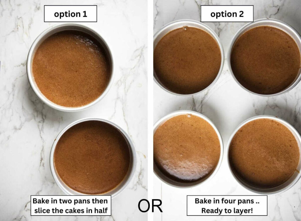 Two photos showing the options for baking the chocolate cake either in two pans or four pans.