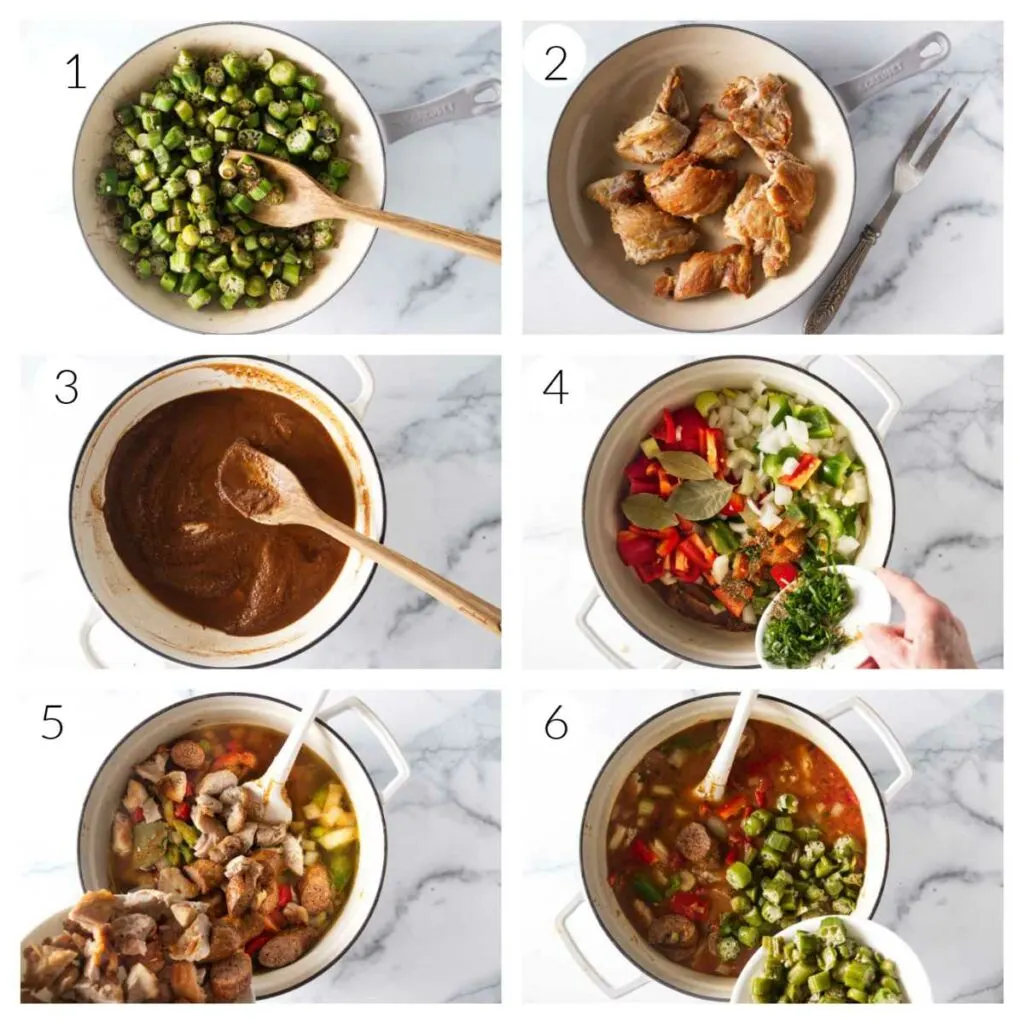 A collage of six photos showing how to make a chicken and sausage gumbo recipe.