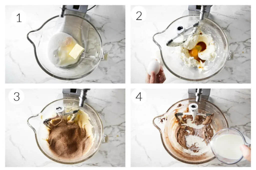 A collage of four photos showing how to make a chocolate Italian cassata cake.