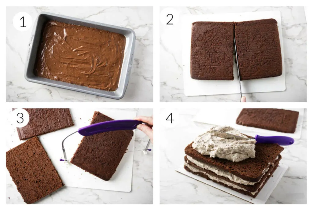 A collage of four photos showing how to make a recipe for cassata chocolate cake.