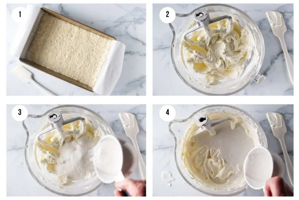 A collage of four process photos showing how to make the filling for coconut cheesecake.