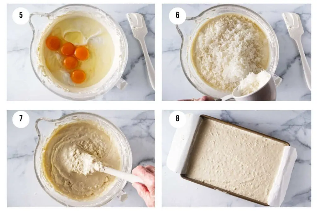 A collage of four process photos showing how to make coconut cheesecake bars.