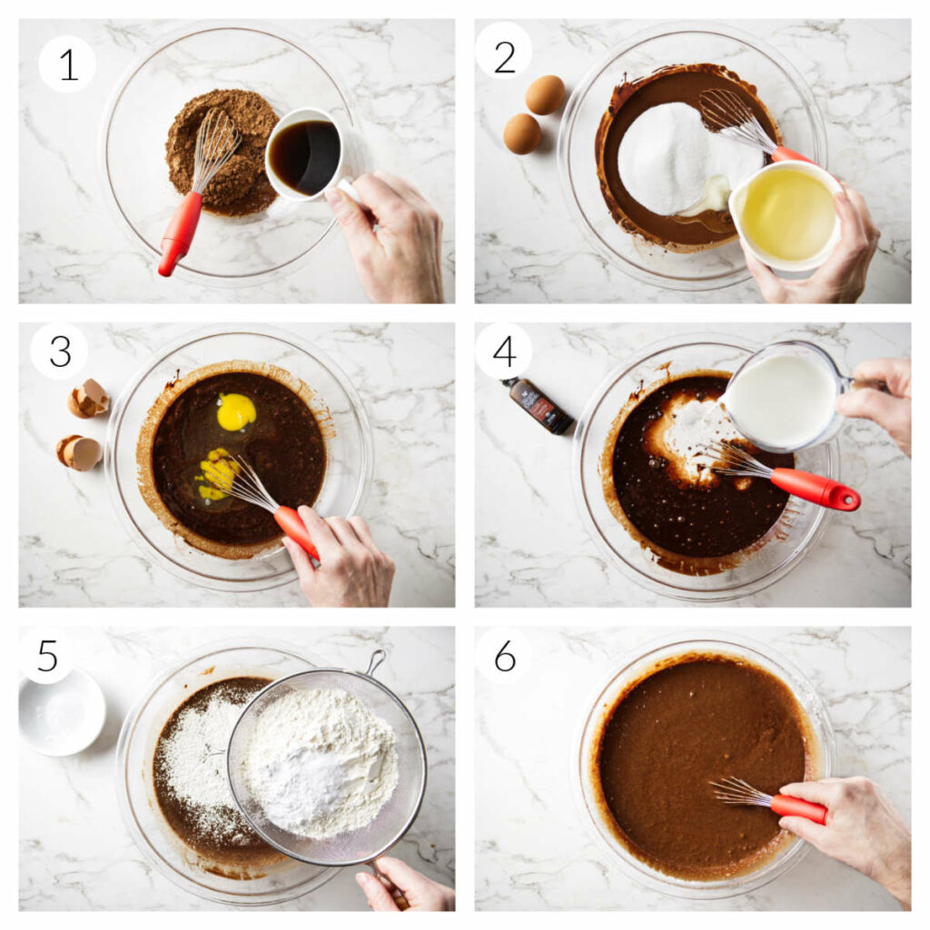 A collage of four photos showing how to make chocolate cake with cream cheese frosting.