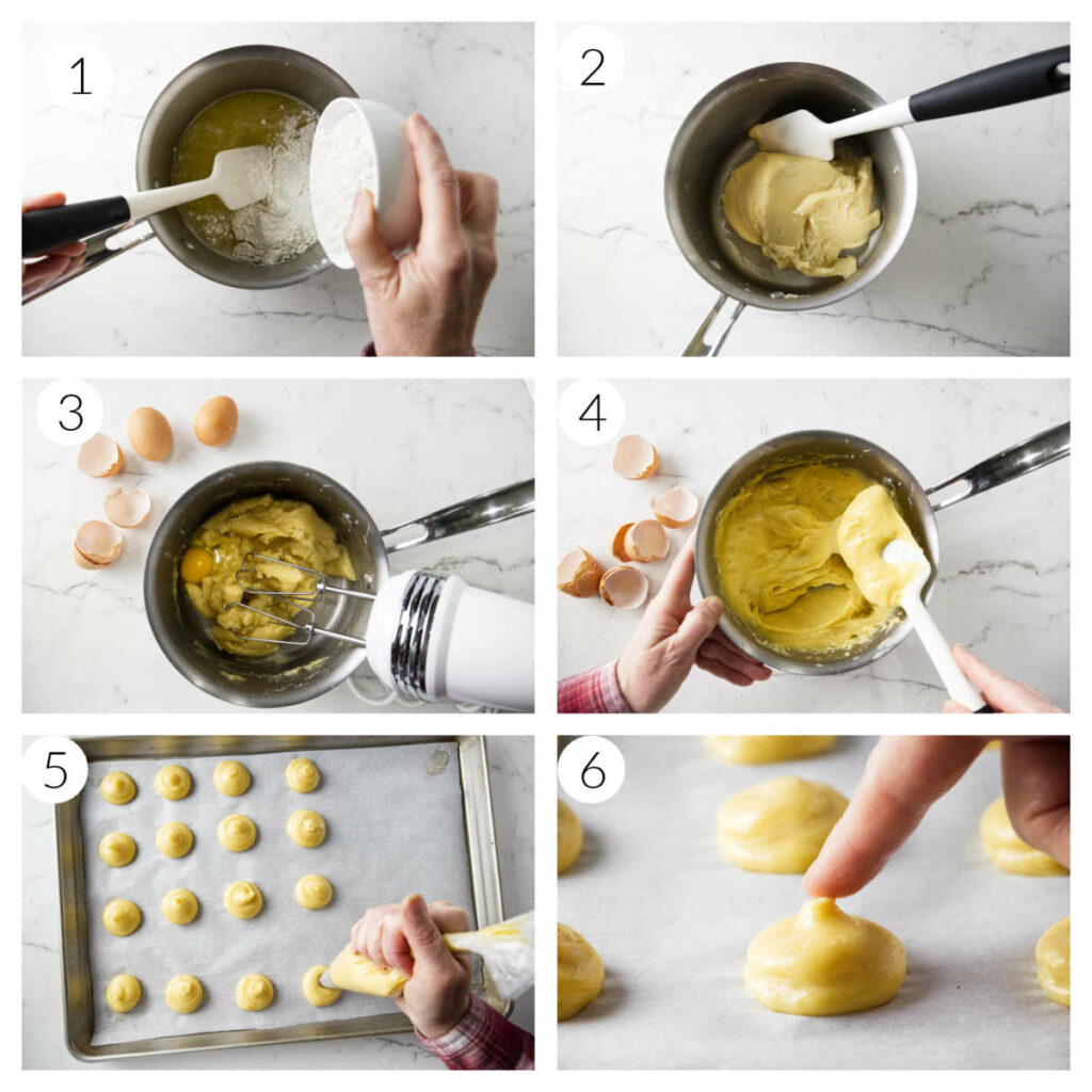 A collage of six photos showing how to make choux pastry for profiteroles.