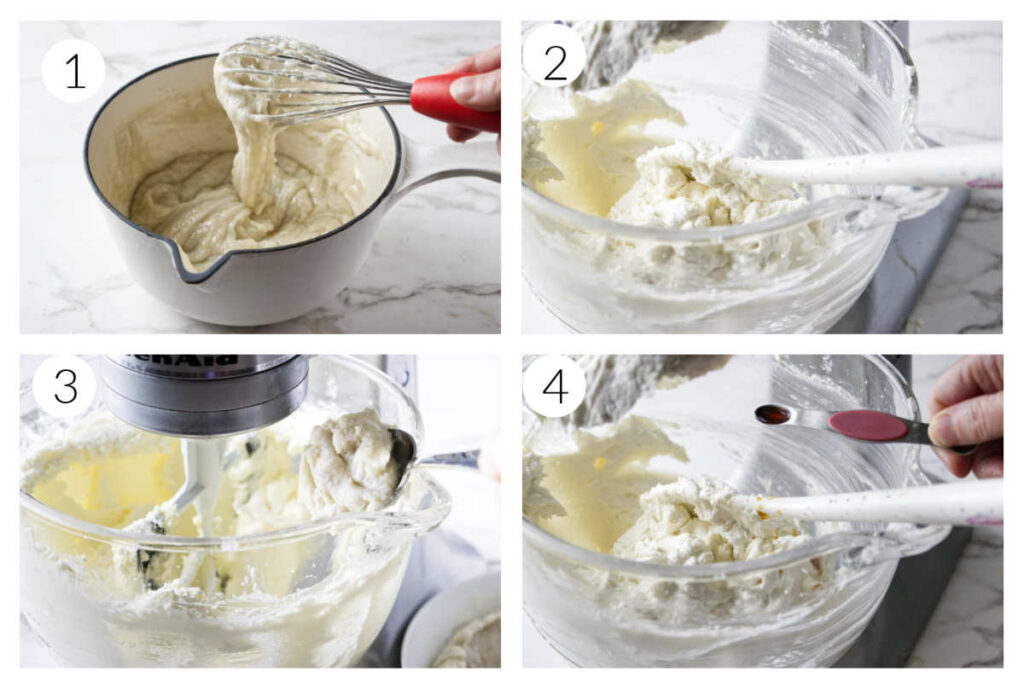 A collage of four photos showing how to make coconut buttercream.
