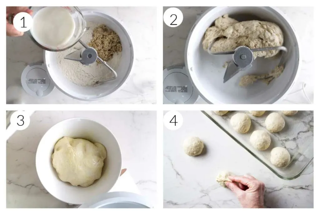A collage of four photos showing how to make oat dinner rolls.