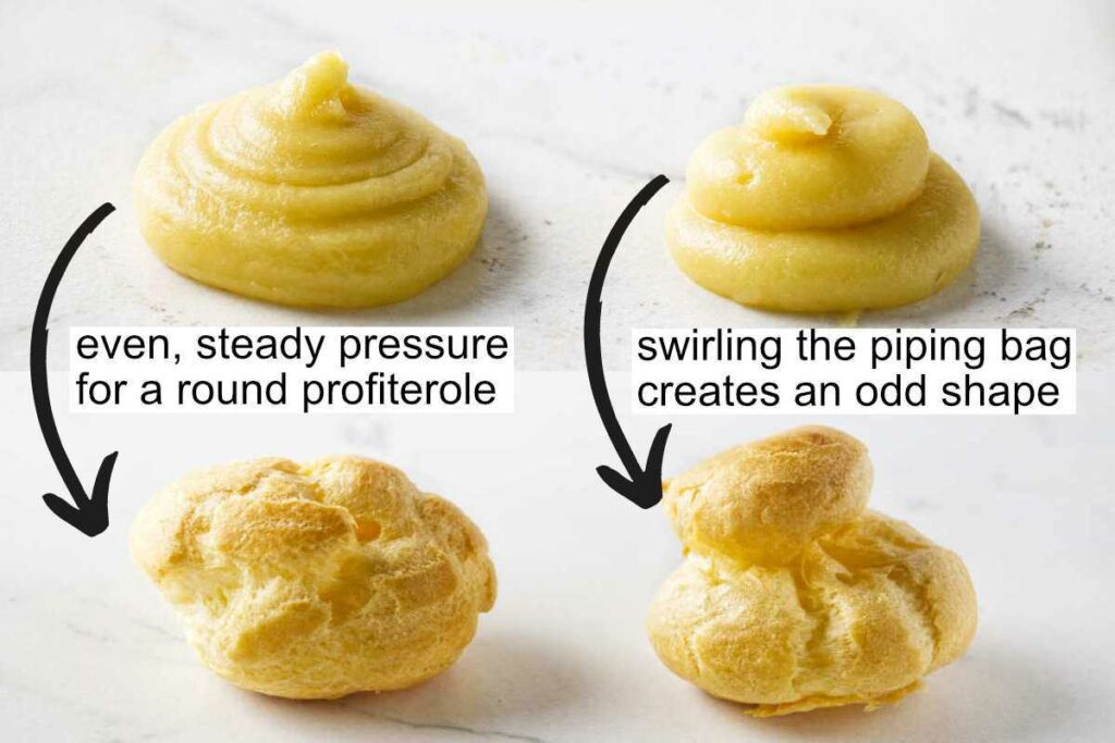 Compare and contrast how to pipe profiteroles so they bake into a small round shape.