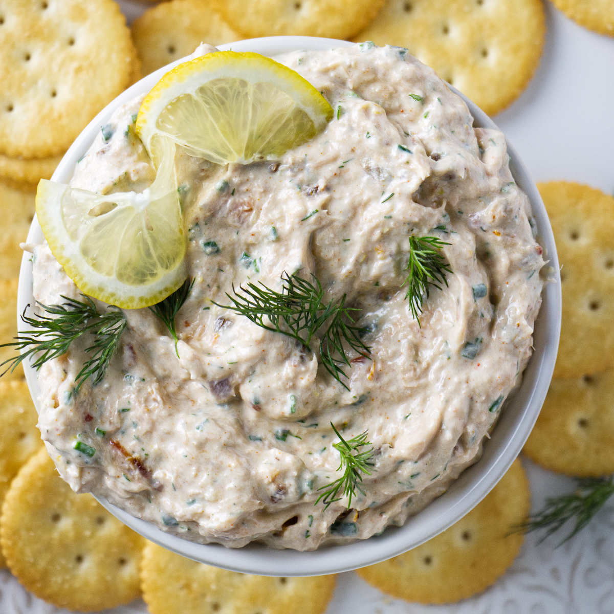 A dish filled with smoked trout dip.