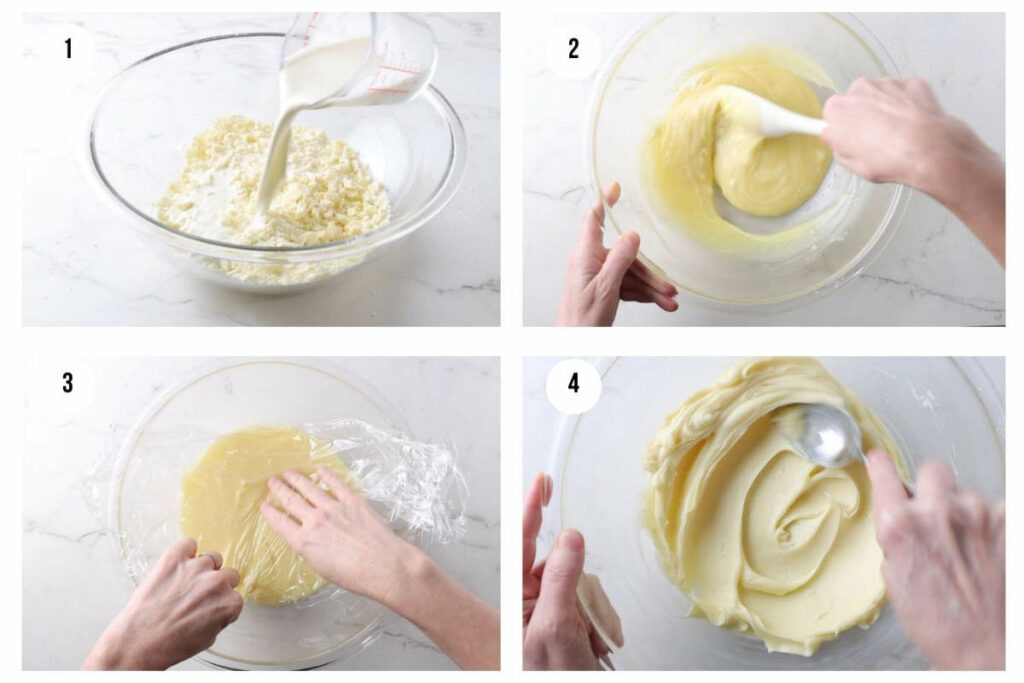 Four photos showing how to make white chocolate ganache.