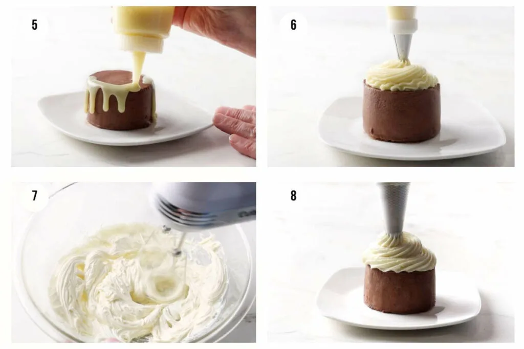 Four photos showing how to use white choc ganache.