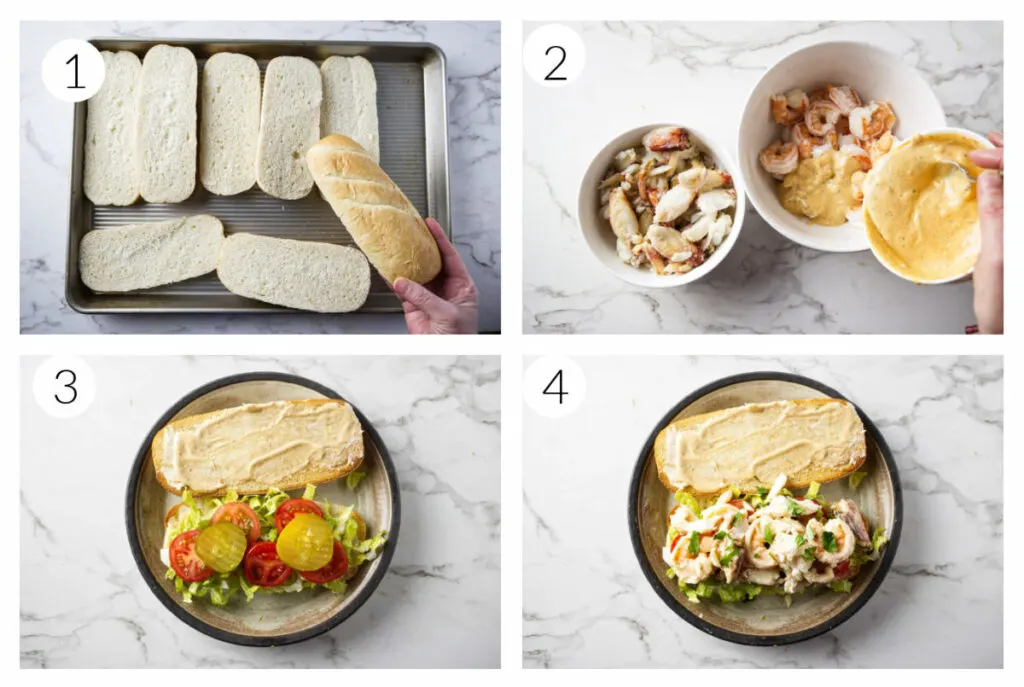 A collage of four photos showing how to make a crab and shrimp po boy.